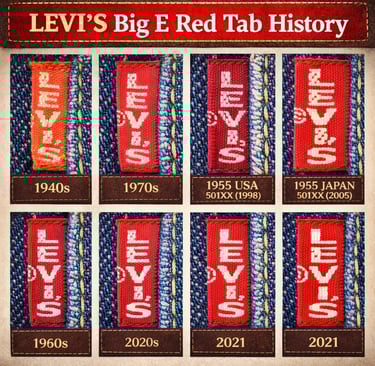 Comparison chart of vintage Levi's Big E red tab logos on denim jeans from the 1940s to 2021.