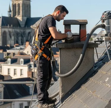 Ramoneur certifié Toiturama en action sécurisée sur toiture à Nantes, Loire-Atlantique (44)