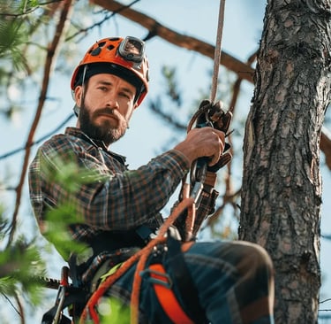 arborist in a safety harness up in a tree
