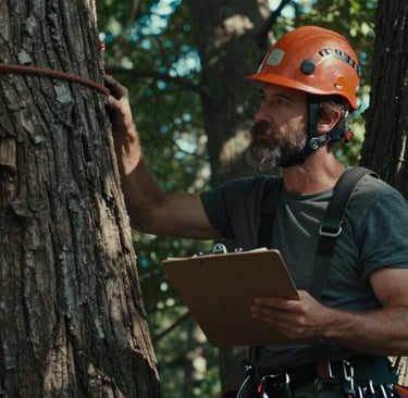 An arborist studying a tree doing a risk assessment establishing a tree value for property valuation