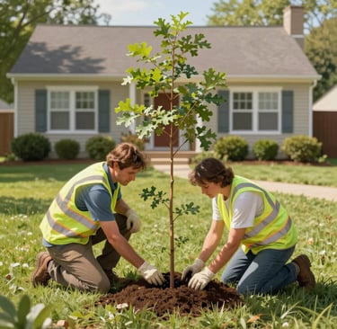 two tree experts planting an oak tree in a front yard
