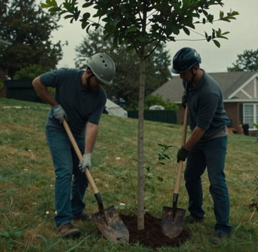Two arborists planting a tree on a gentle sloop behind a house
