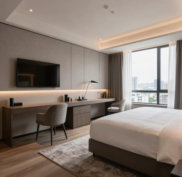 A cozy residential living room rendered in 3D with natural light and soft colors.