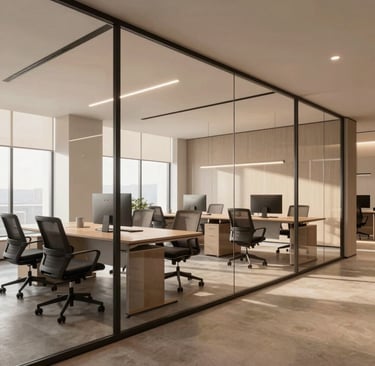 A stylish office space 3D model highlighting modern design and open layout.