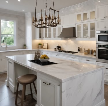 Close-up of a sleek marble kitchen countertop with subtle veining.