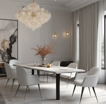 A cozy marble workshop with polished kitchen countertops and elegant dining tables.