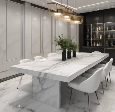 Elegant marble dining table with natural patterns in a bright room.