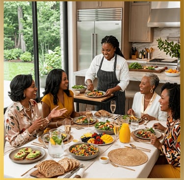 A private chef serves healthy gourmet meals to happy women at a bright kitchen dining table.