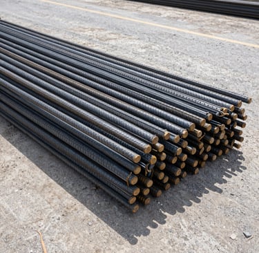 Rusted rebar is stacked horizontally.