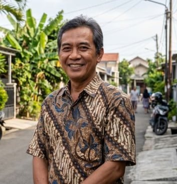 A smiling middle-aged Indonesian man wearing a traditional batik shirt on a neighborhood street.