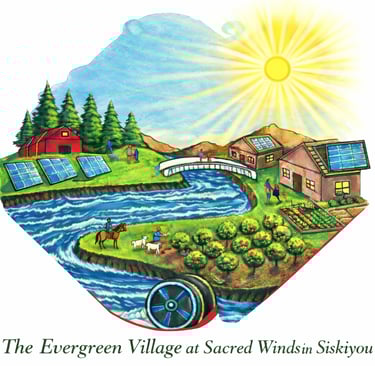 Illustration of Evergreen Village at Sacred Winds in Siskiyou showing a sustainable community with solar panels and gardens.