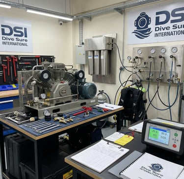 Scuba diving air compressor and gas analysis equipment at the Dive Sure International service station.