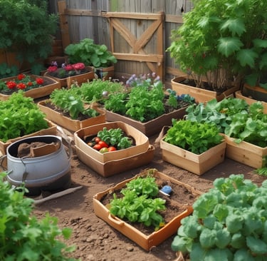 A vibrant garden bed filled with fresh vegetables, blooming flowers, and a busy honeybee collecting nectar.