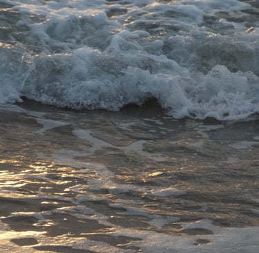 A gentle wave reaching shore and reflecting the sunset