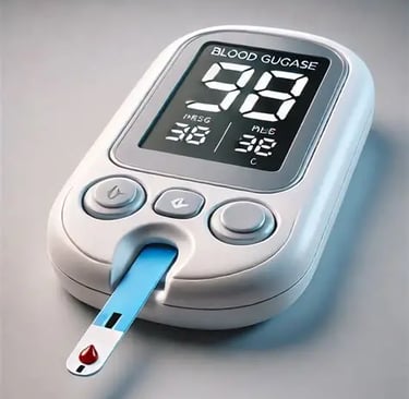 Digital blood glucose monitor displaying a reading with a test strip and blood sample for diabetes management.