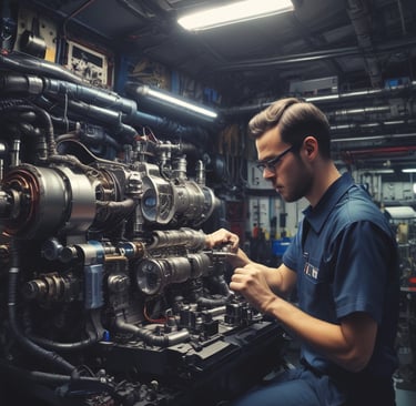 Technician fixing an arriel engine in a dark-themed workshop with blue and gray lighting