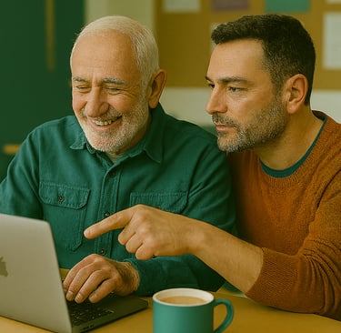 A man in his thirties shows an older man how to use a laptop. The older man is smiling.