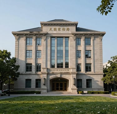 A sophisticated photograph of the Weikai Family Foundation headquarters, an elegant stone building in a North American park setting, reflecting stability and trust.