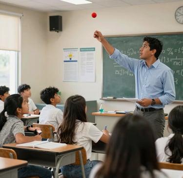 A vibrant classroom scene with students engaged in a hands-on math activity, surrounded by red and black decor.