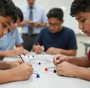 A group of students collaborating around a table filled with science experiment materials, with red and black accents.