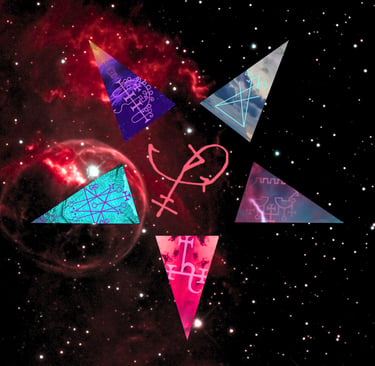 Occult pentagram design with Demon sigils over a deep space nebula background.