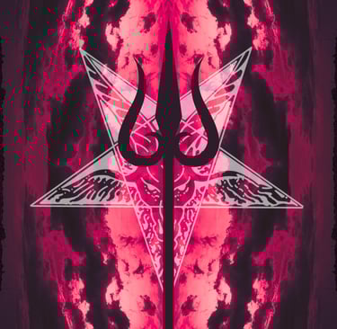 Satanic occult art featuring a black trident over a pentagram and red hellish clouds.