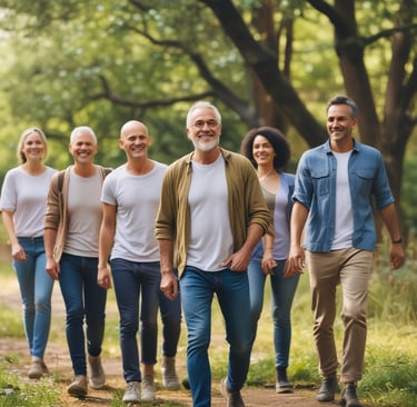 Smiling middle-aged man enjoying a group walk in nature