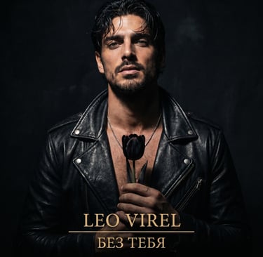 Portrait of man in black leather jacket holding a dark tulip for Leo Virel music cover.