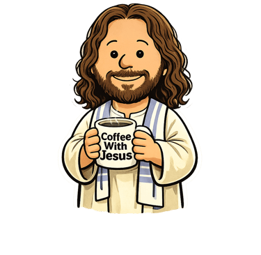 A cartoon of Jesus holding a “Coffee With