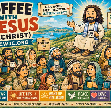 Cartoon illustration of Jesus with lots of friends, sipping java and talking about life.