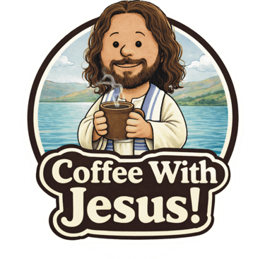 Cartoon logo of Jesus beside the Sea of Galilee with a fresh cup of hot cocoa.