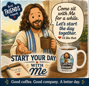 Cartoon style invitation to use your mug to have coffee with Jesus