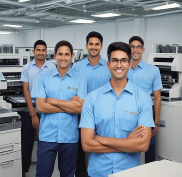 A technician carefully repairing a high-end office printer with precision tools.