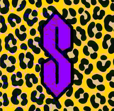 Purple geometric Cool S graffiti symbol centered on a yellow leopard print pattern background.
