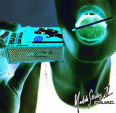 an x-ray, blacklight style image of Celiac in a singlet holding redhead matches