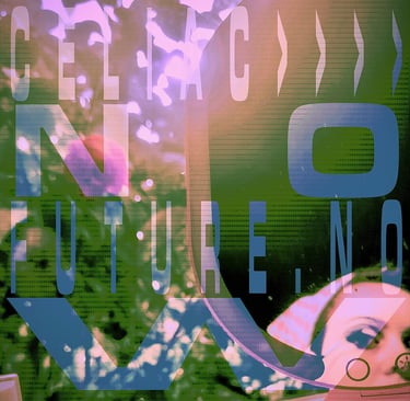 A collage of green, black and pink colours, an obscured image of a woman's face in the bottom right