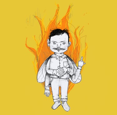 A yellow album cover with a hand drawn picture of quinton as a bug with fire in the background