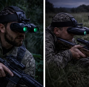 A hunter wearing tactical night vision goggles while aiming a rifle at a wild boar in a field.