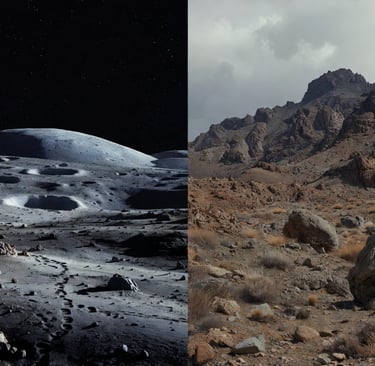 Split image. Moon landscape with footprints on left. Rocky, austere, earth landscape on right.