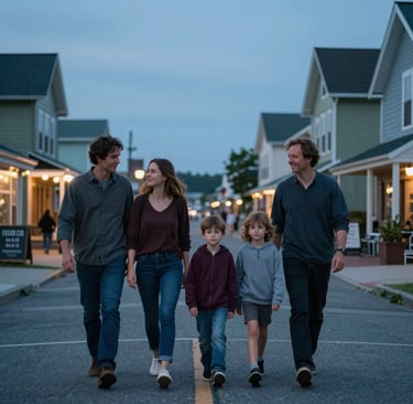 An authentic, candid moment of a family walking through a North American / US coastal town at dusk. The scene features soft blue light and cinematic depth, capturing life's real emotions with a friendly and warm atmosphere.