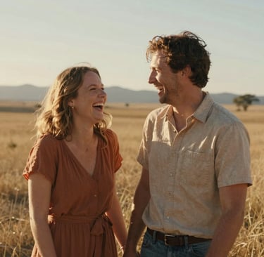 A cinematic, sun-drenched photography shot of a couple laughing together in a North American / US open field. The lighting is golden and warm, highlighting soft terracotta tones and genuine smiles in a candid, professional style.