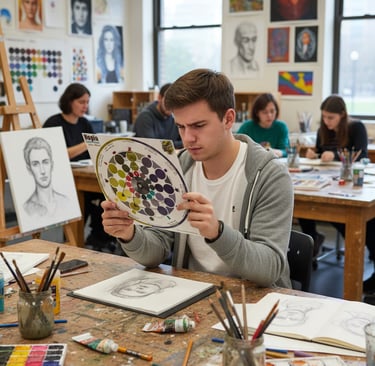 An art student studies a color theory wheel while drawing a pencil portrait in a studio classroom.