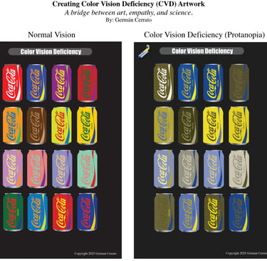 Comparison of soda cans as seen with normal vision versus protanopia color vision deficiency.