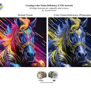 Comparison of vibrant colorful horse artwork showing normal vision versus protanopia color blindness.
