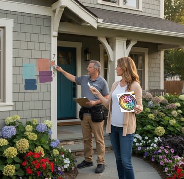 Professional house painter and homeowner choosing exterior paint colors for a gray cedar shingle home.