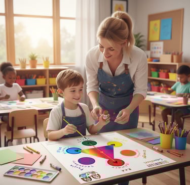 A teacher assists a kindergarten student to learn the use of Elementary color wheel