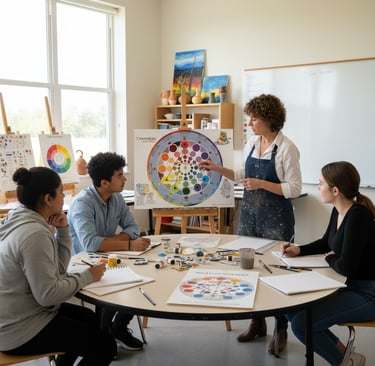 An art instructor explains color theory to students using the color wheel chart in a bright studio.