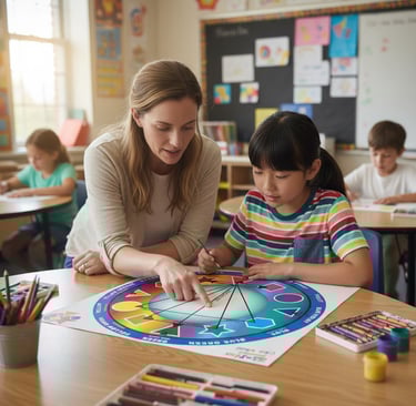 Art teacher helps a primary school student study a color wheel during a creative classroom lesson.