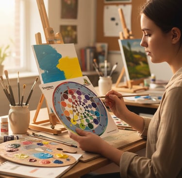 A young female artist uses a color wheel chart to select oil paint colors for her canvas painting in a sunlit art studio.