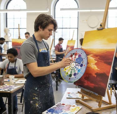 A male art student in a studio using a color wheel to paint an oil landscape on canvas.